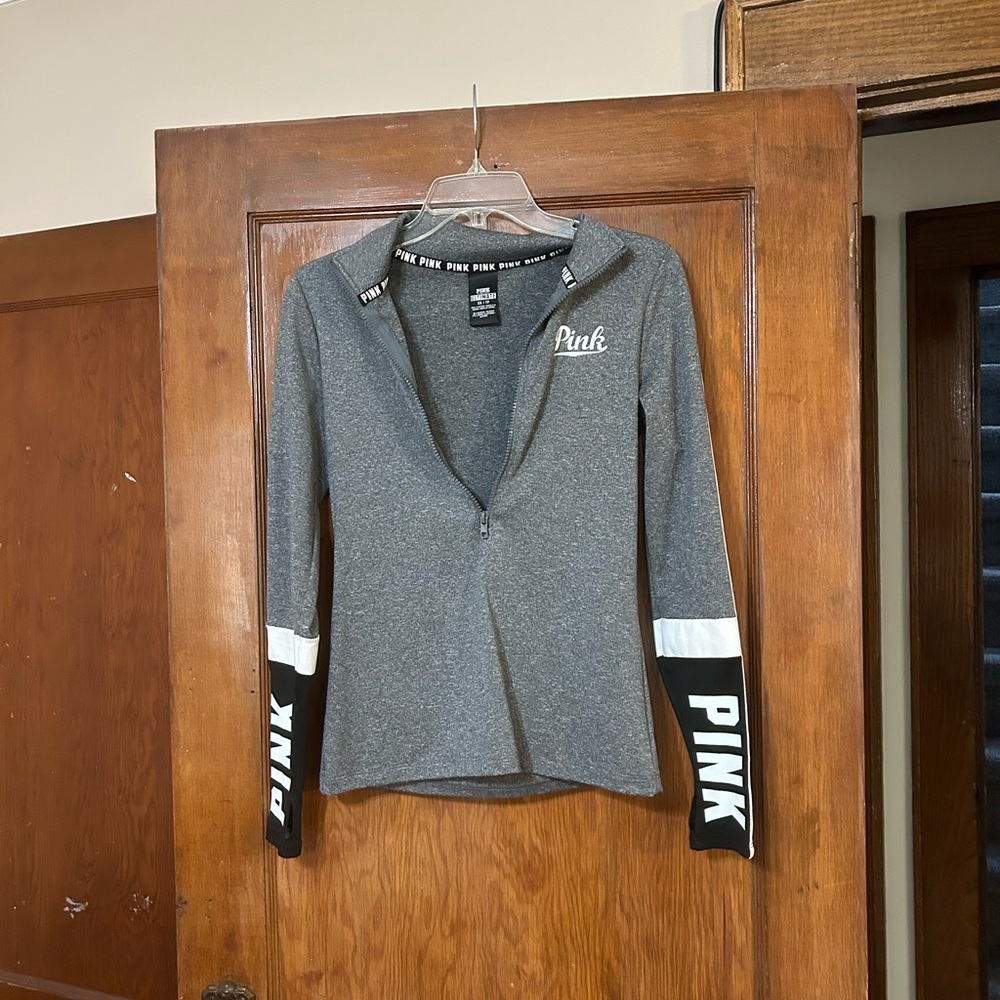 PINK Gray Heather Zip Sweatshirt with Black PINK Neck Tape